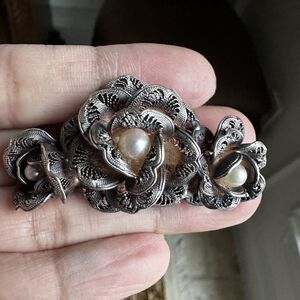 VTG Art Deco‎ Cannetille Brooch 2.25" Real Pearls Flowers Sterling Silver 23.4g